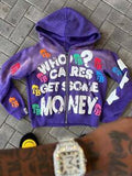Letter Foam Print Zipper Hoodie Men's Loose Sweater Retro Street Hip Hop Style
