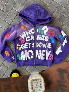 Letter Foam Print Zipper Hoodie Men's Loose Sweater Retro Street Hip Hop Style