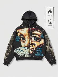 ROMWE MEN Street Life Spring Casual Graphic Red Men's Casual Fashion Street Angel Print Zip-Up Drawstring Hooded Fleece Sweatshirt, Warm For Autumn/Winter, Y2K