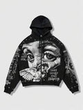 ROMWE MEN Street Life Spring Casual Graphic Red Men's Casual Fashion Street Angel Print Zip-Up Drawstring Hooded Fleece Sweatshirt, Warm For Autumn/Winter, Y2K