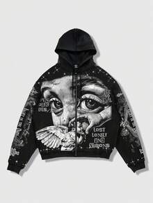ROMWE MEN Street Life Spring Casual Graphic Red Men's Casual Fashion Street Angel Print Zip-Up Drawstring Hooded Fleece Sweatshirt, Warm For Autumn/Winter, Y2K