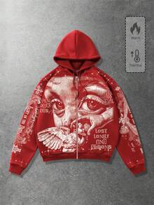 ROMWE MEN Street Life Spring Casual Graphic Red Men's Casual Fashion Street Angel Print Zip-Up Drawstring Hooded Fleece Sweatshirt, Warm For Autumn/Winter, Y2K