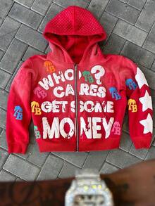 Letter Foam Print Zipper Hoodie Men's Loose Sweater Retro Street Hip Hop Style